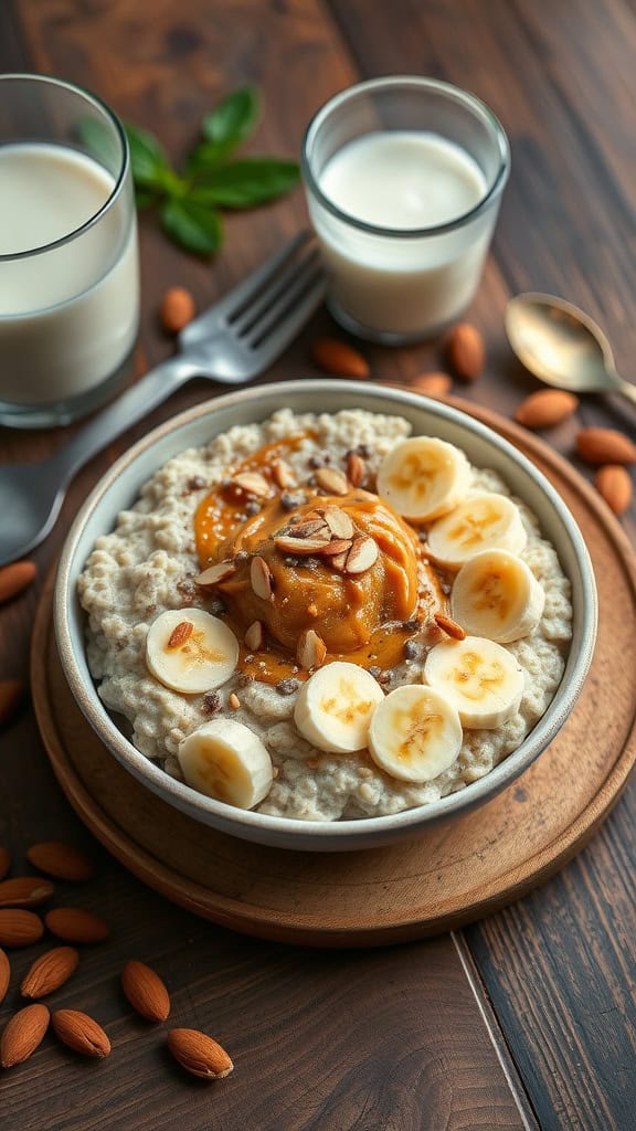 Bowl of overnight oats topped with almond butter, sliced bananas, and almonds