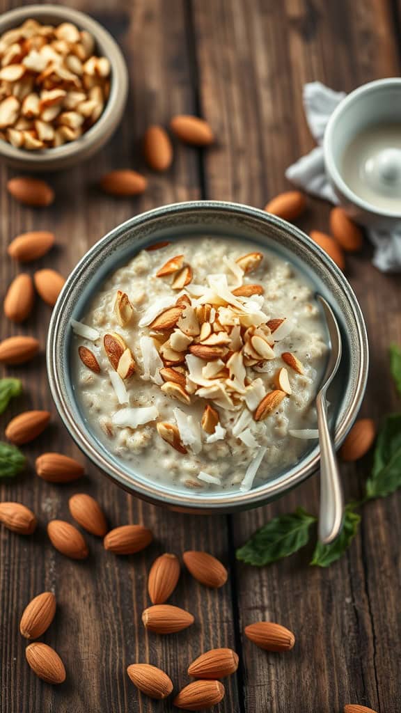 A bowl of Almond Joy overnight oats topped with almonds and shredded coconut