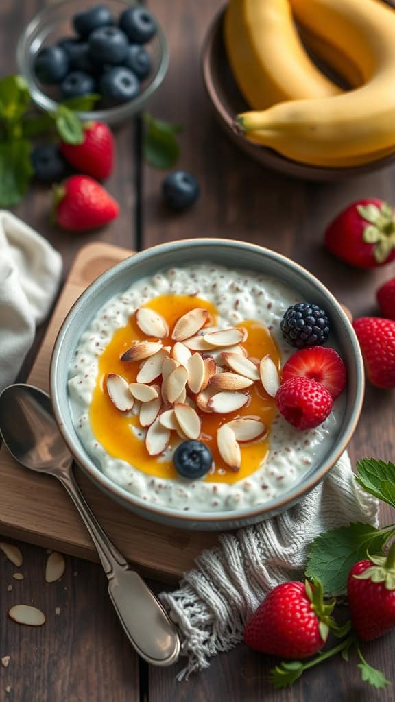 A bowl of overnight oats topped with honey, fruits, and almonds, with bananas and berries in the background.