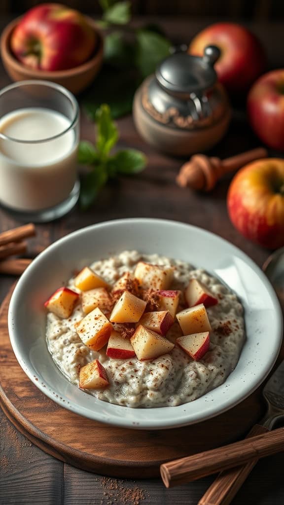 Bowl of classic overnight oats topped with cinnamon-spiced apple chunks.