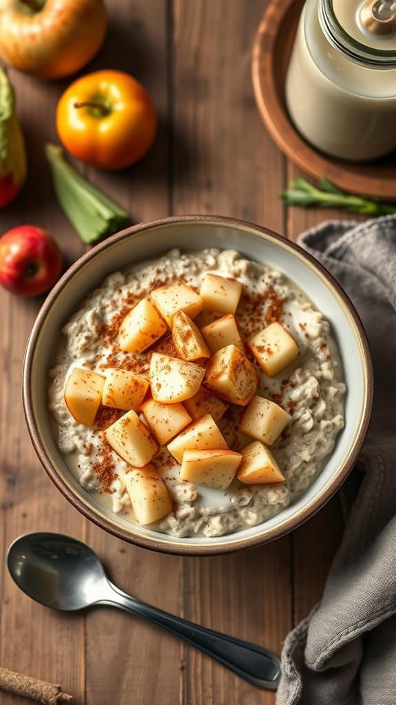 A bowl of classic overnight oats with diced apples and cinnamon on top