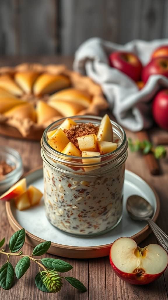 A delicious jar of overnight oats topped with diced apples and spices, alongside an apple pie.