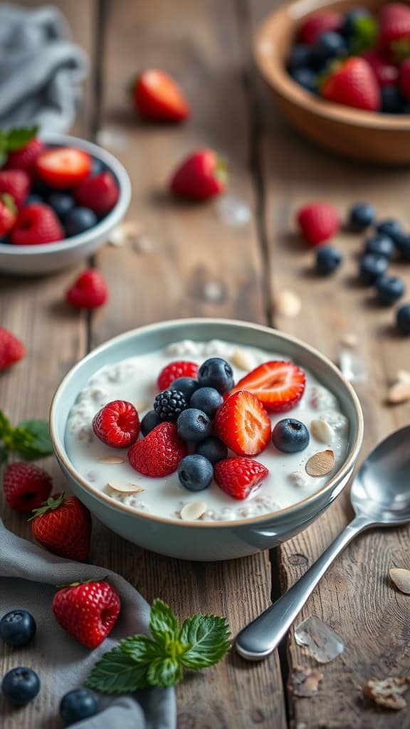 Bowl of overnight oats topped with mixed berries and almonds