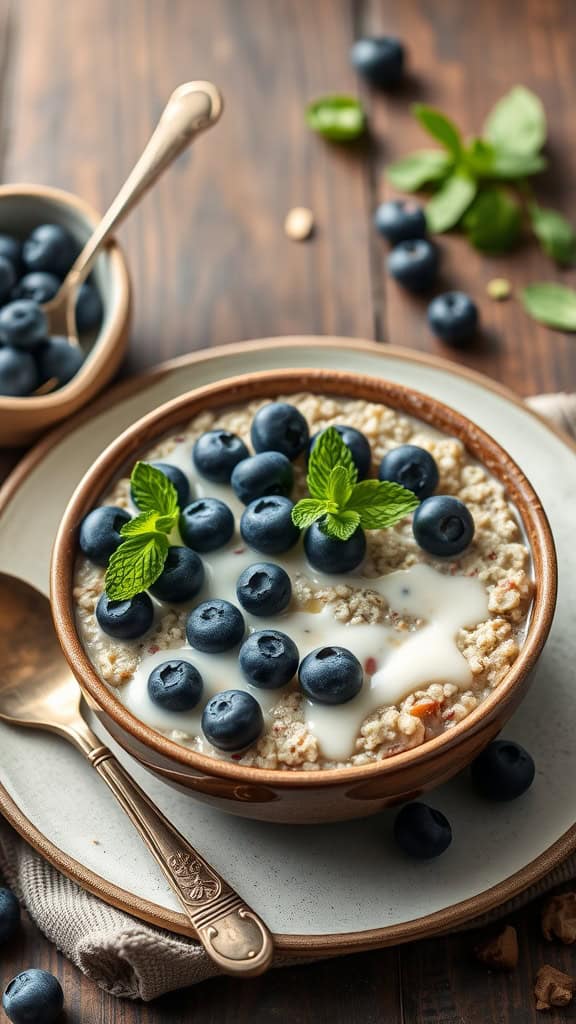 A wholesome bowl of classic blueberry overnight oats topped with fresh blueberries and a drizzle of almond milk.
