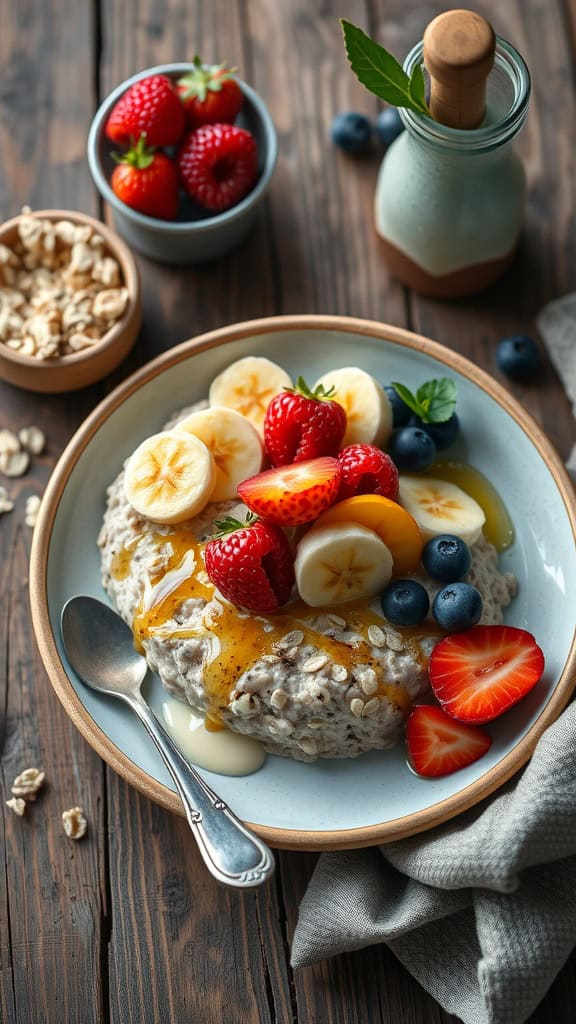 Classic overnight oats bowl with fruits and honey
