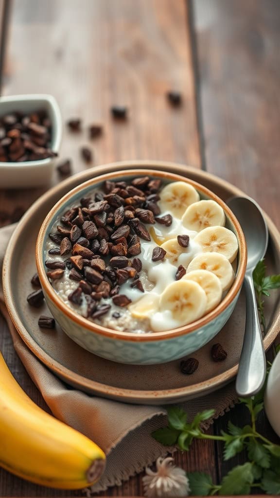A bowl of overnight oats with chocolate, topped with sliced bananas and chocolate chips
