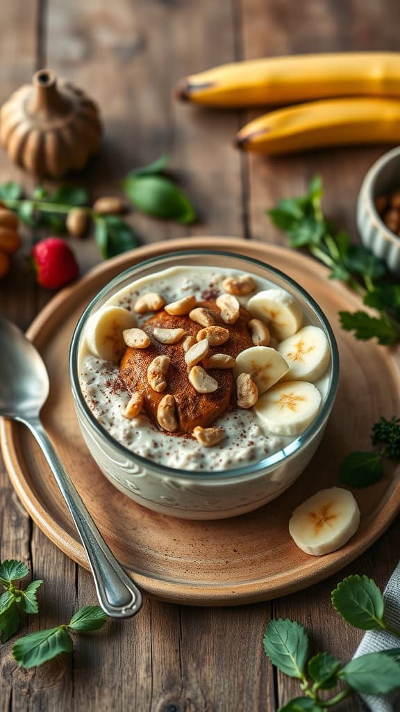 A bowl of chocolate peanut butter overnight oats topped with banana slices and nuts.