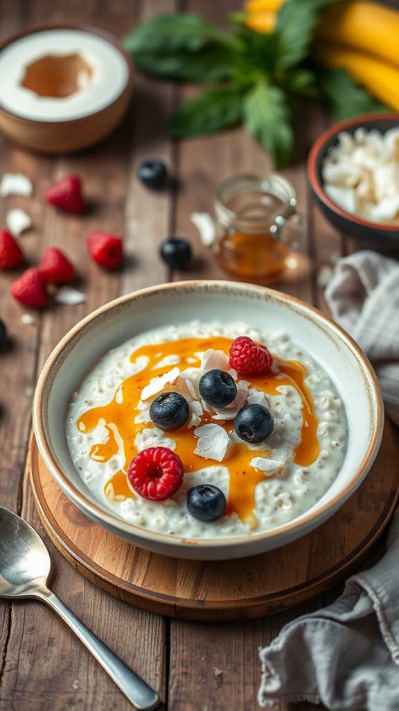 A bowl of classic overnight oats with coconut milk topped with berries and syrup.