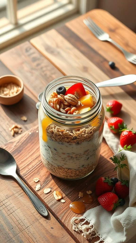 A jar of classic overnight oats featuring rolled oats, almond milk, honey, and topped with fresh fruits and nuts.