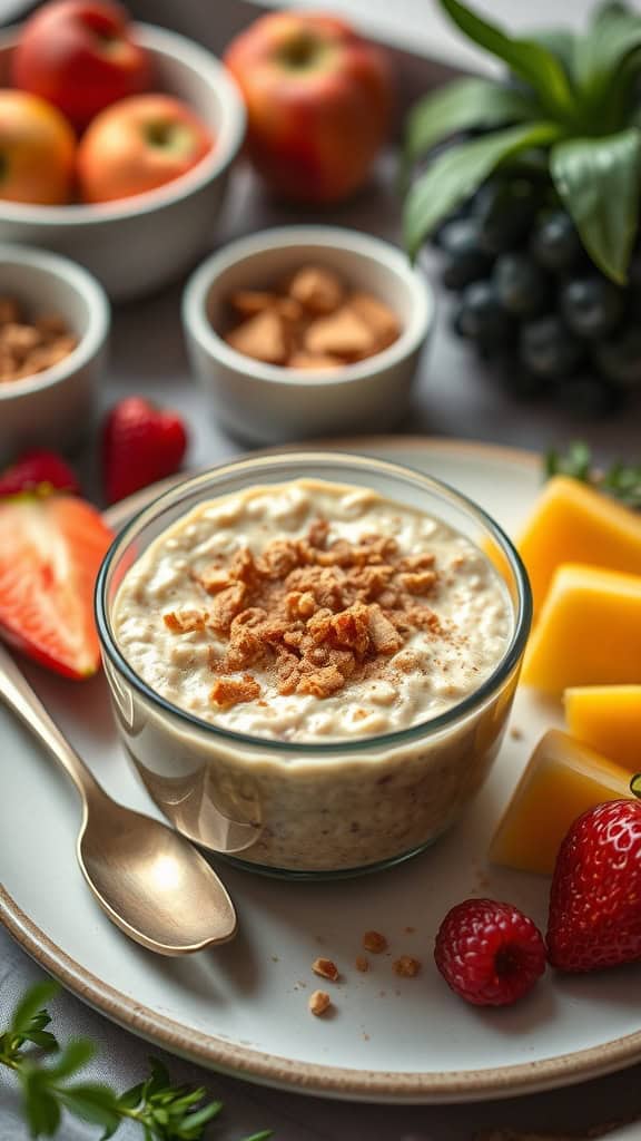 A bowl of overnight oats topped with cinnamon and brown sugar, surrounded by fresh fruits and nuts.