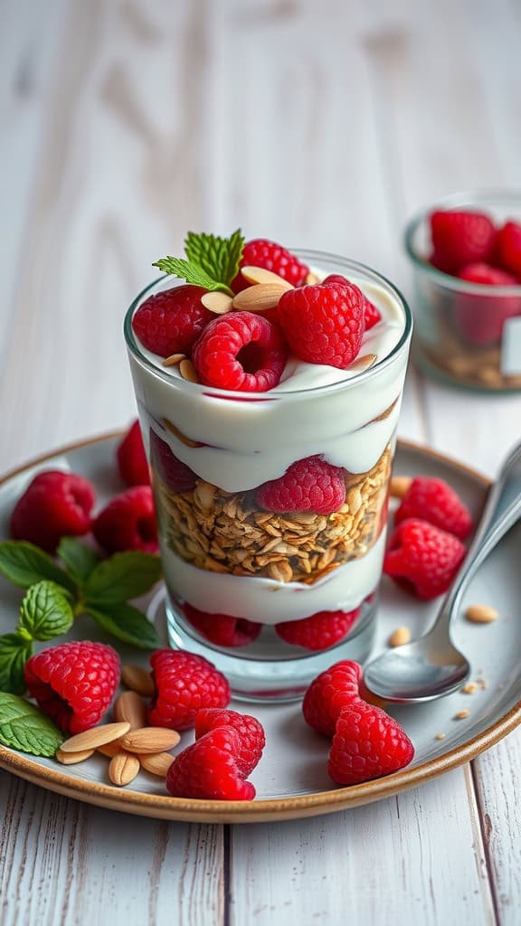 A classic raspberry almond crunch parfait with layers of Greek yogurt, fresh raspberries, and almond granola.