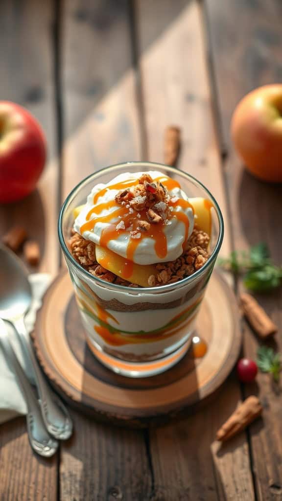 Classic Salted Caramel Apple Parfait with whipped cream, caramel drizzle, and granola layers