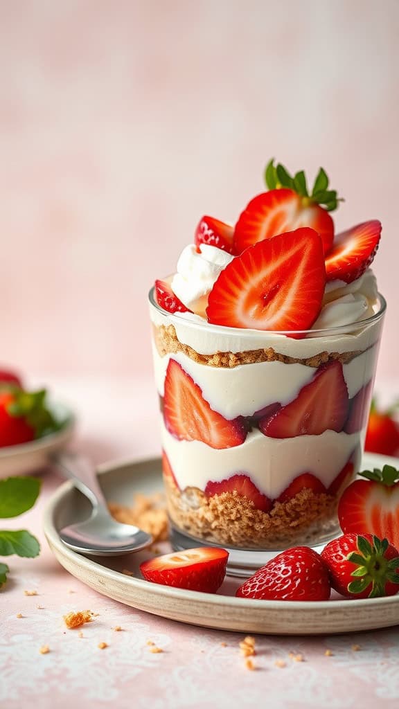 Classic strawberry cheesecake parfait with layers of strawberries and graham crumbs