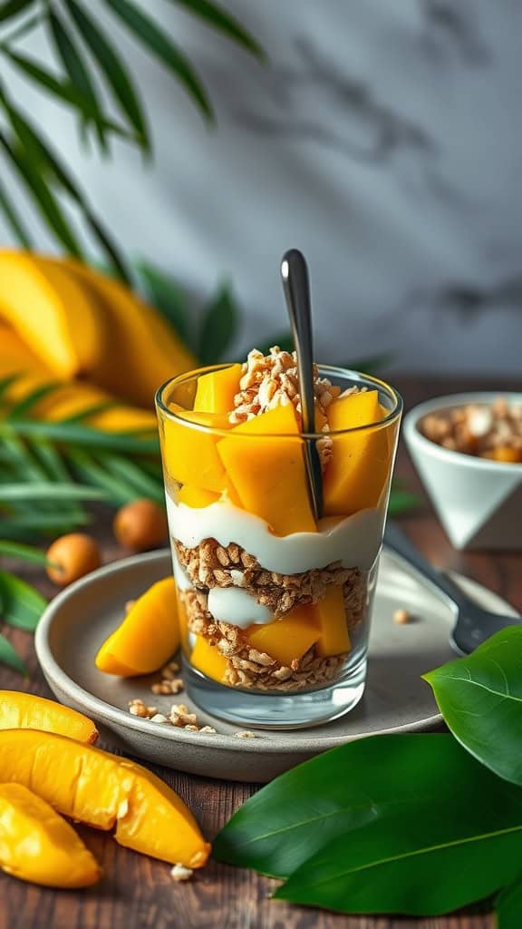 A tropical mango and coconut parfait layered with granola, mango pieces, and coconut yogurt.