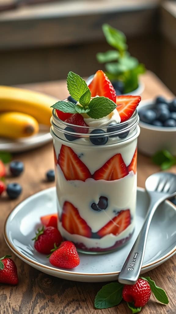Classic vanilla and berry parfait in a mason jar with fresh strawberries and blueberries