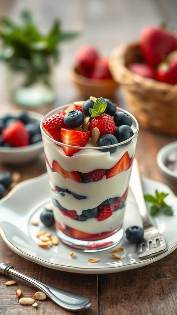 A delicious layered vanilla and berry parfait topped with slivered almonds and mint.