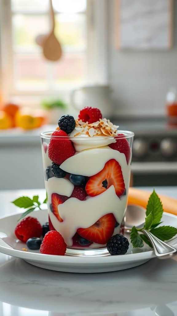 Vanilla and berry parfait with coconut flakes, garnished with fresh mint.