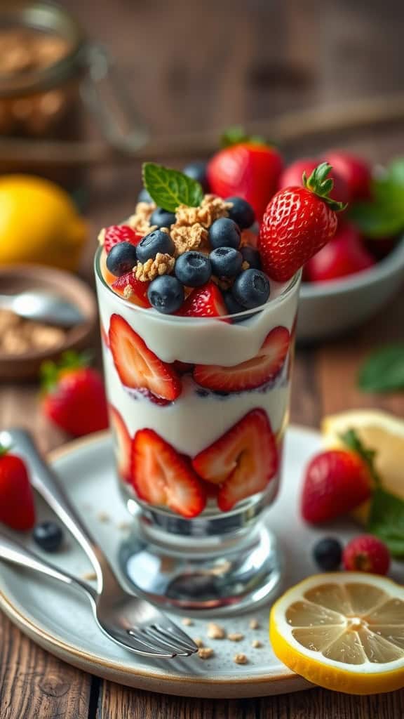 A delicious layered parfait with vanilla yogurt, strawberries, blueberries, and granola, garnished with mint.