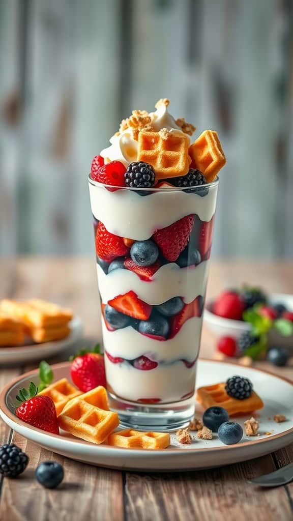 A delicious Classic Vanilla and Berry Parfait with Waffle Bits layered in a glass, featuring yogurt, fresh berries, and crispy waffles.