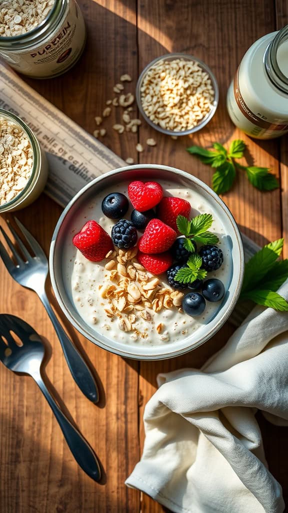 Bowl of vanilla overnight oats topped with fresh berries and granola
