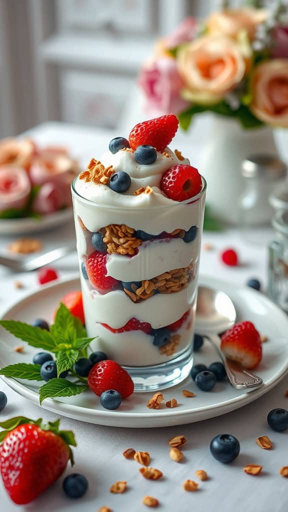 A classic wedding parfait with layers of vanilla yogurt, fresh berries, and granola, garnished with mint leaves.