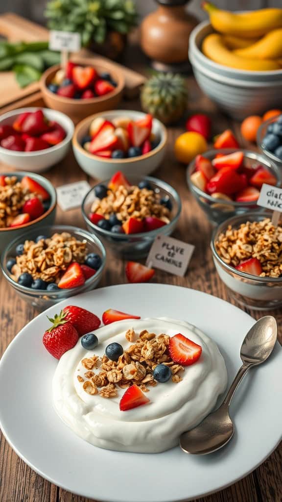 A display of yogurt parfait ingredients including Greek yogurt, granola, and various fruits for a brunch party.