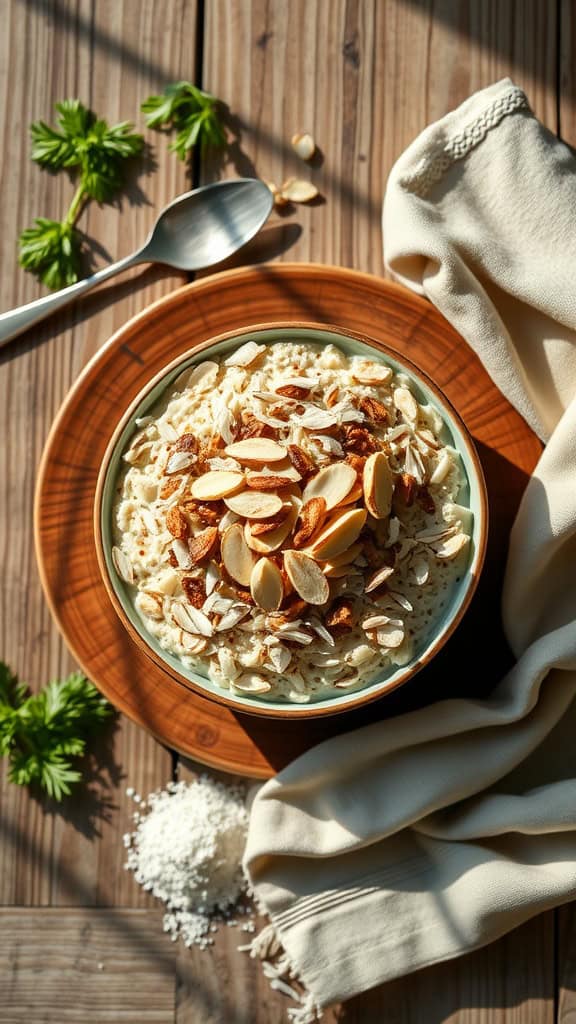 Bowl of coconut almond overnight oats topped with sliced almonds