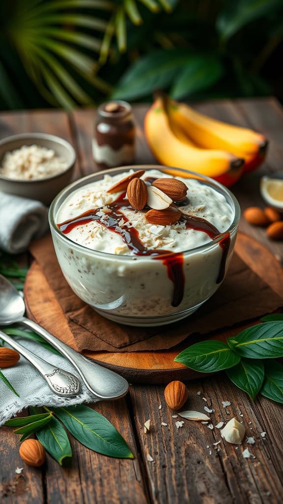 A bowl of coconut cream overnight oats topped with almonds and shredded coconut.