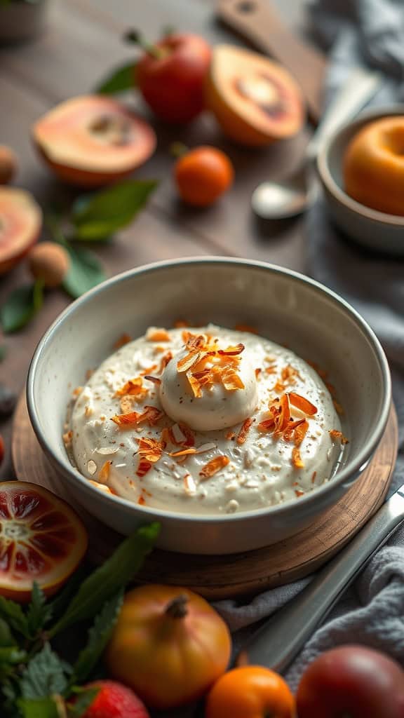 Coconut cream overnight oats cheesecake with coconut flakes