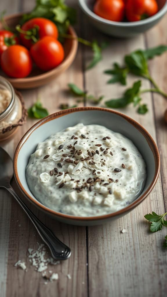 A bowl of creamy coconut overnight oats topped with chia seeds and shredded coconut.