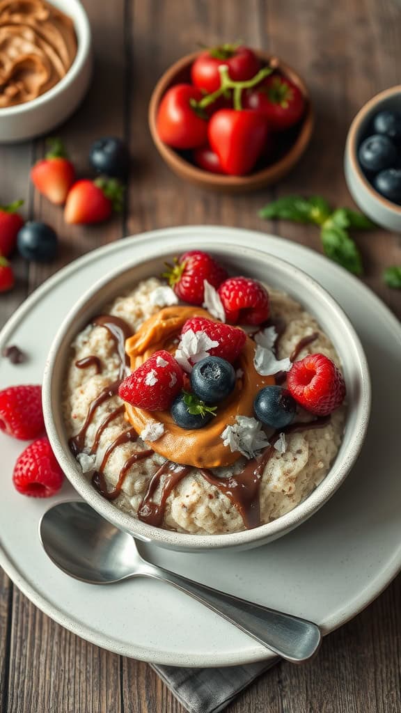 A bowl of coconut dream overnight oats topped with fresh berries and peanut butter.