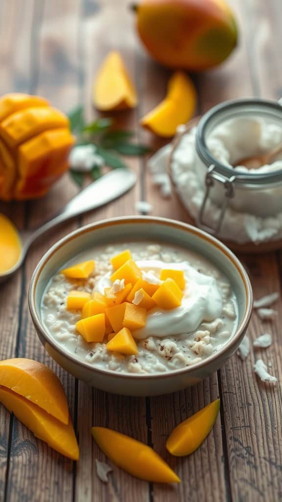 Bowl of Coconut Mango Overnight Oats topped with diced mango and coconut yogurt, accompanied by fresh mango slices.