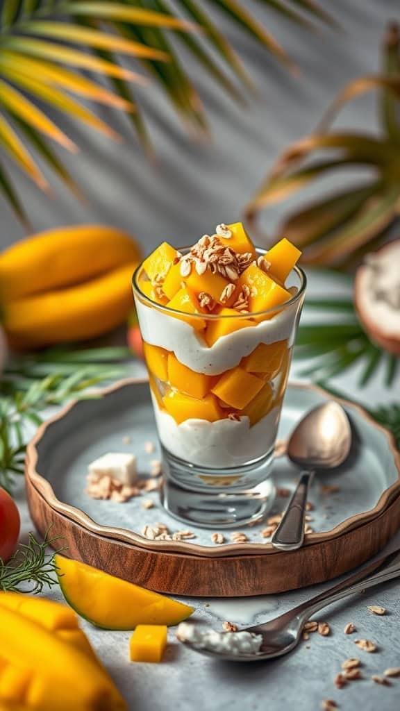 Coconut Mango Parfait Breakfast with coconut yogurt, diced mango, and toasted oats