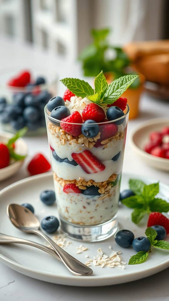 Coconut overnight oats berry parfait with blueberries and mint