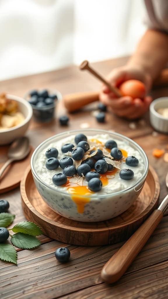 A bowl of coconut overnight oats topped with blueberries and coconut flakes.