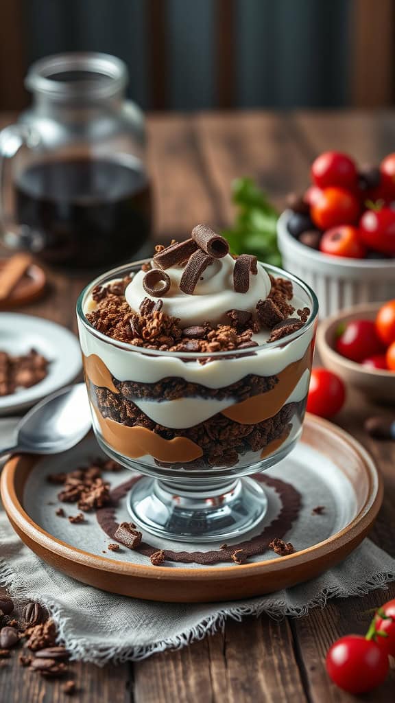 A delicious coffee flavored parfait with yogurt, mocha granola, and chocolate curls, served in a glass.