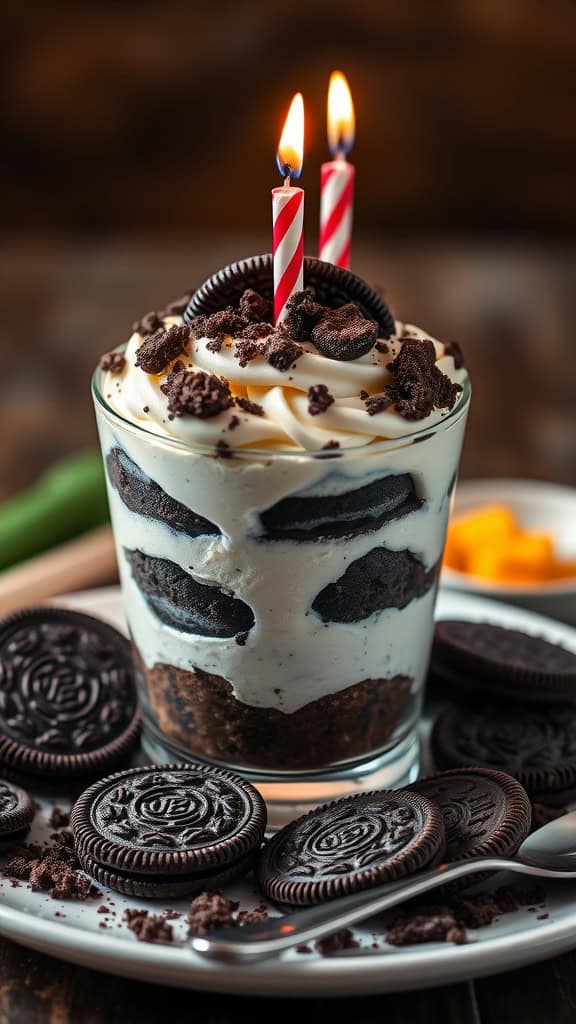 Cookies and cream birthday cake parfait in a glass with candles on top