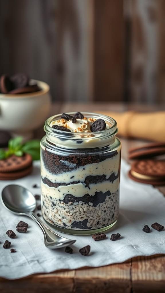 A jar of layered Cookies and Cream Overnight Oats Cheesecake with crushed cookies and cream cheese.