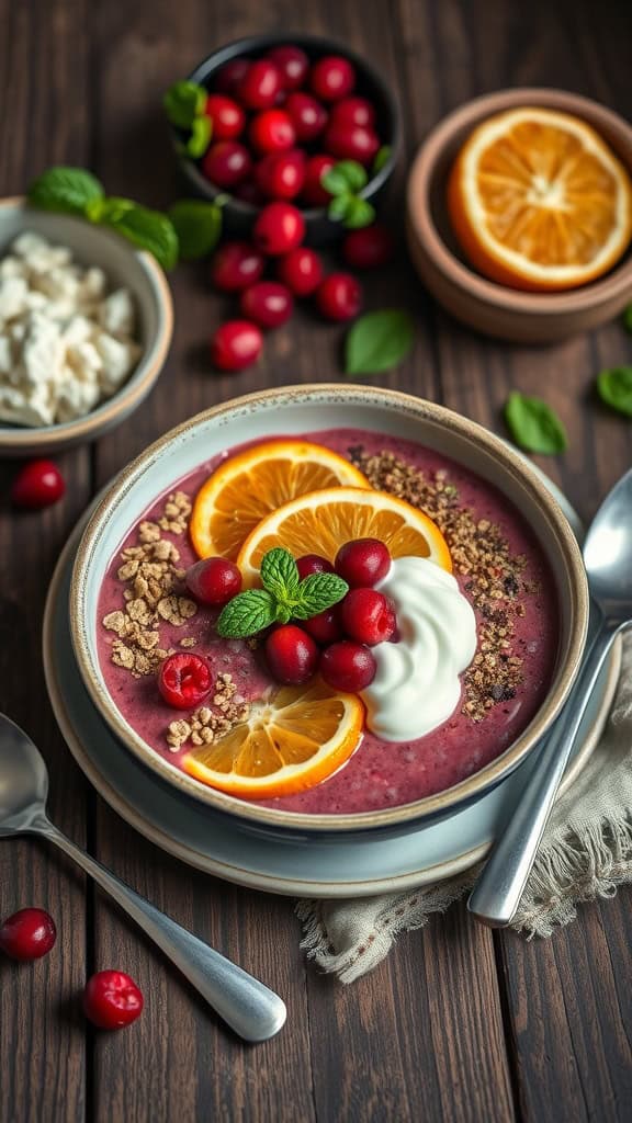 Cranberry Bliss Smoothie Bowl with cranberries, orange slices, and granola