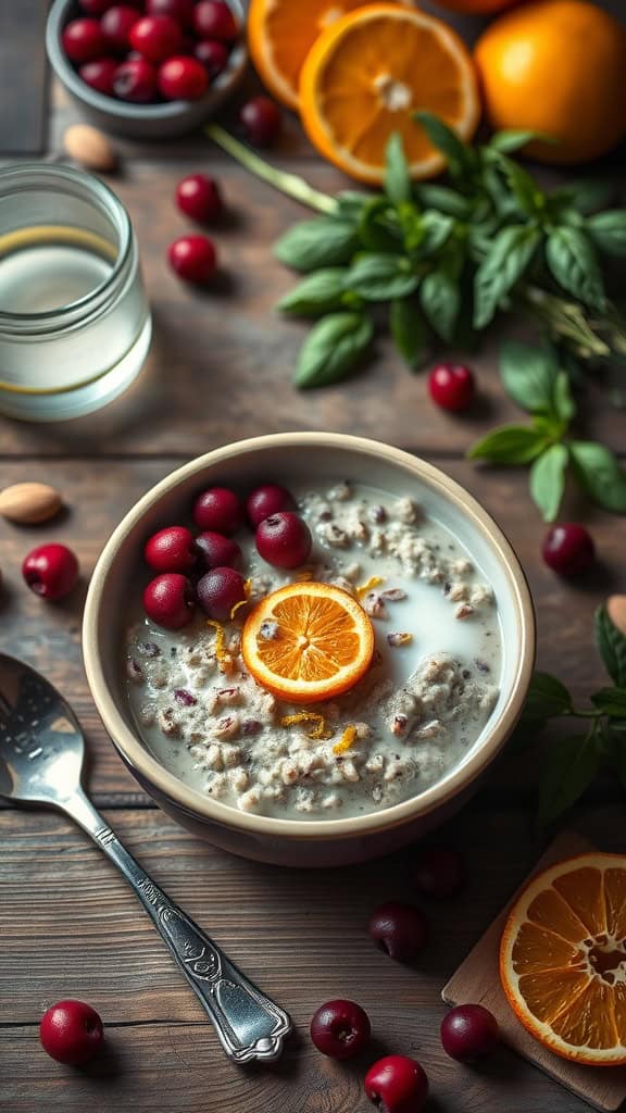 A bowl of cranberry orange overnight oats made with almond milk, topped with fresh cranberries and orange slices.