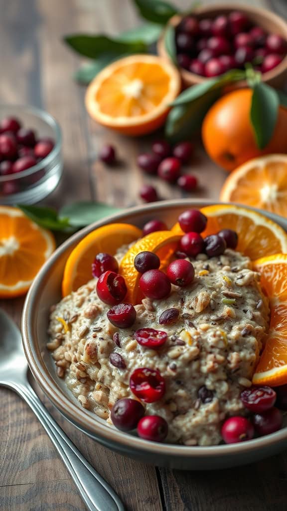 Bowl of cranberry orange overnight oats with chia seeds, garnished with fresh orange slices and cranberries.