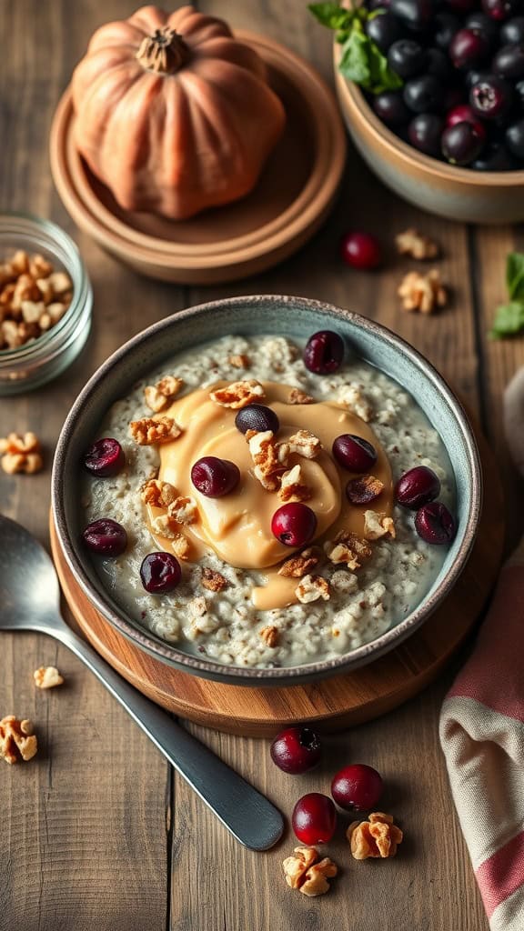 A bowl of cranberry walnut overnight oats topped with almond butter and walnuts.