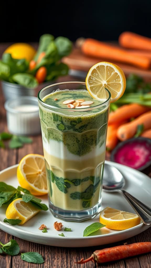 A creamy avocado vegetable smoothie in a glass with spinach and lemon slices