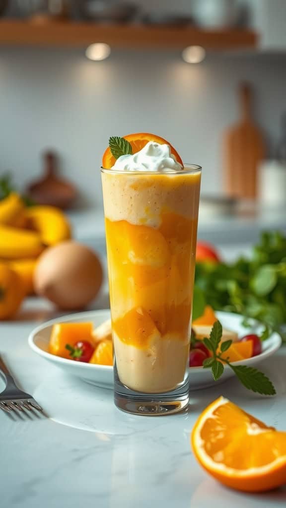 A refreshing creamy citrus smoothie made with orange, banana, mango, and vanilla yogurt, garnished with a slice of orange and mint.