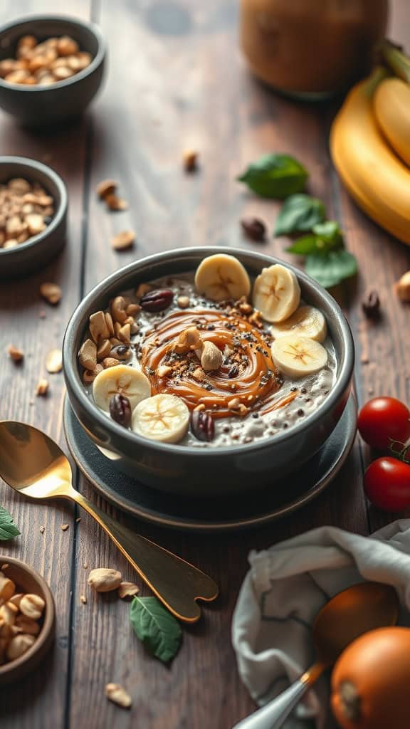 A creamy smoothie bowl made with overnight oats, banana, and peanut butter, topped with banana slices and nuts.