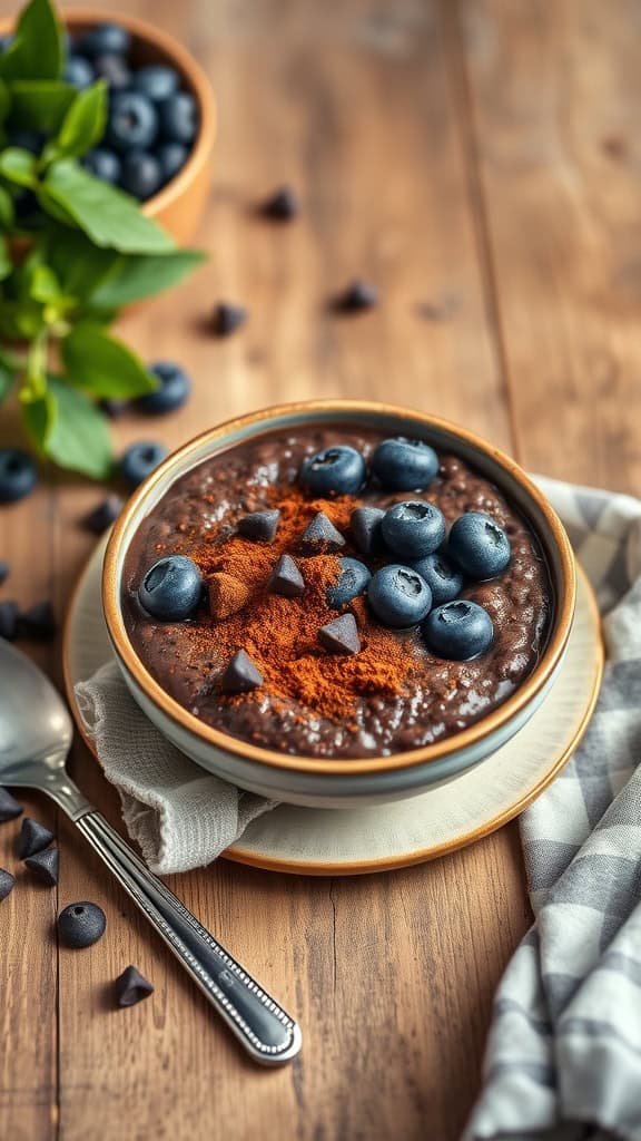 A bowl of dark chocolate overnight oats topped with blueberries and chocolate chips.
