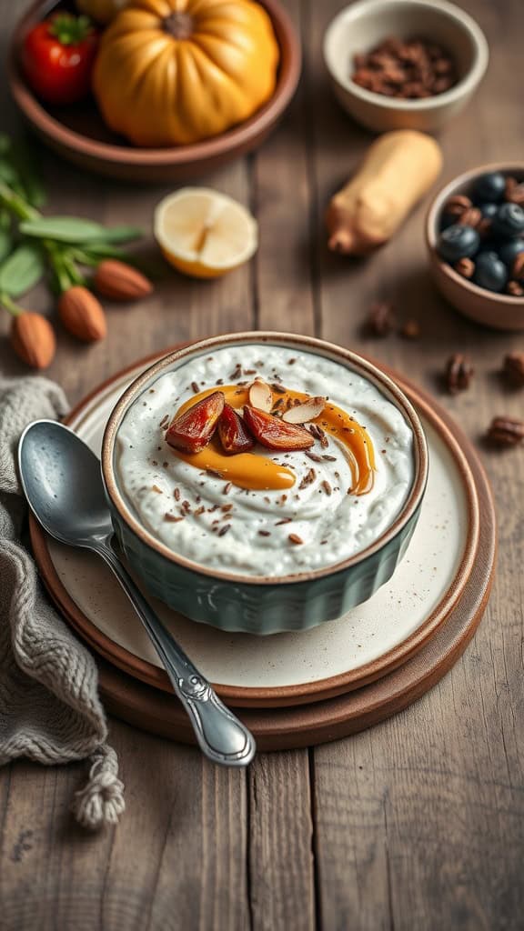 A bowl of creamy overnight oats topped with chopped dates and almond butter.