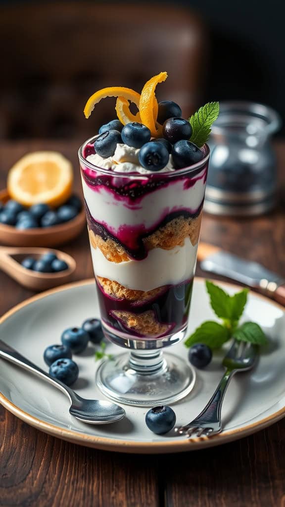 A layered lemon blueberry parfait with mascarpone and crushed biscotti, topped with blueberries and lemon zest.