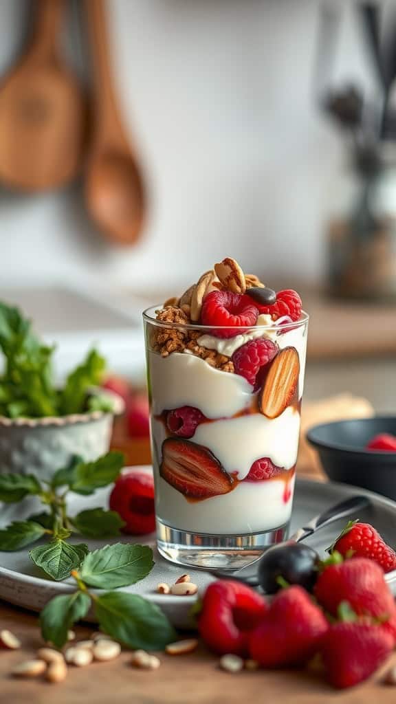 A Raspberry Almond Crunch Parfait layered with yogurt, raspberries, granola, and topped with chocolate drizzle.