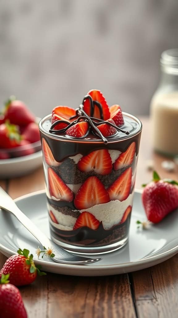 A delicious strawberry cheesecake parfait layered with chocolate ganache and fresh strawberries